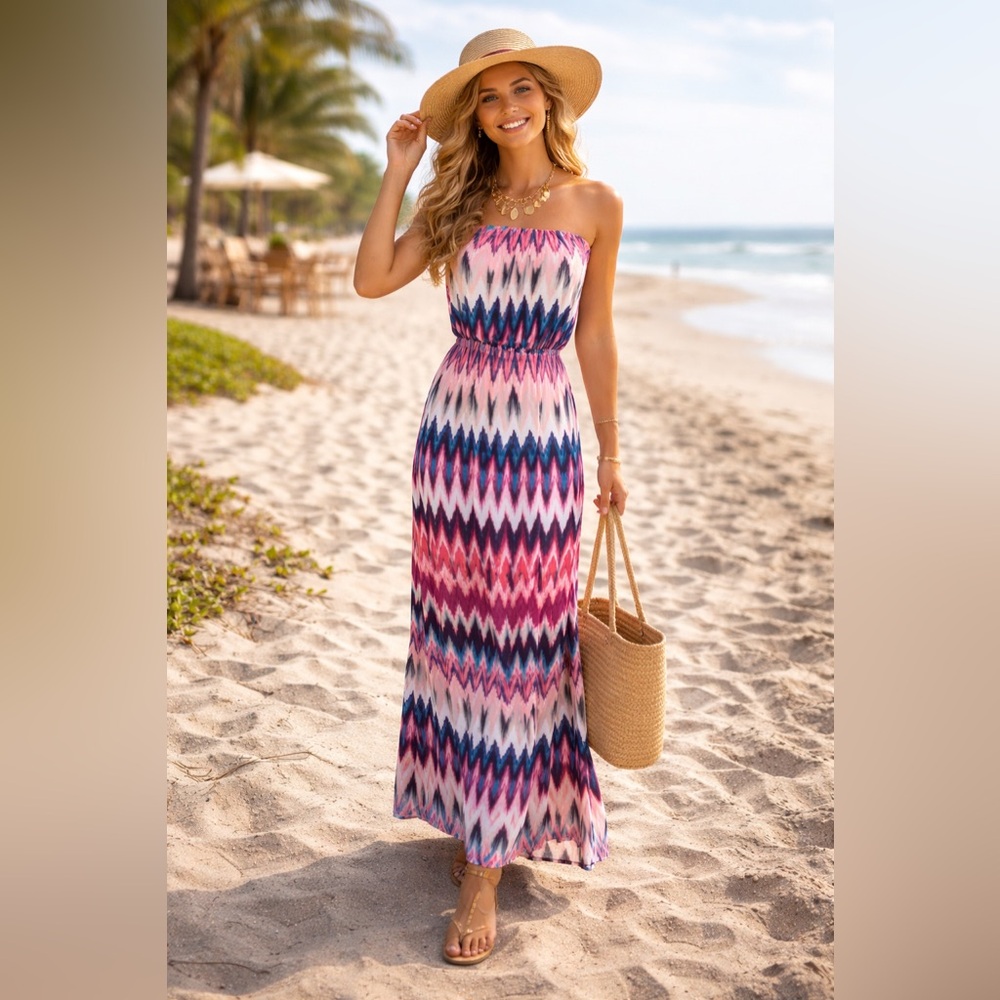 THREE PINK HEARTS Strapless Pocket Chevron Print Maxi Dress L NEW